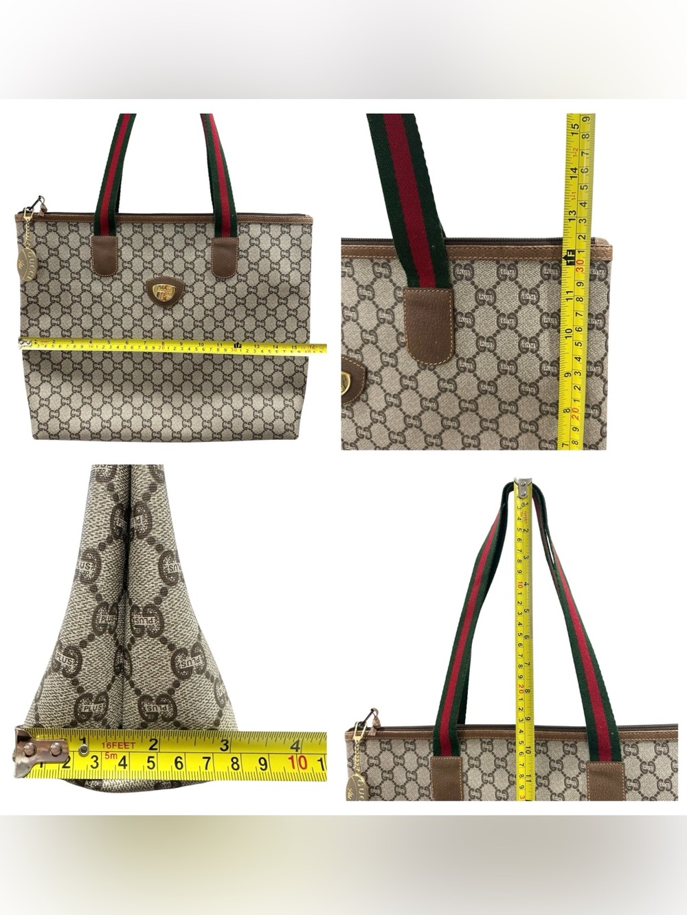 Gucci Plus GG Supreme Web Canvas & Green Red Sherry Line Zippered Tote Bag - Picture 12 of 16